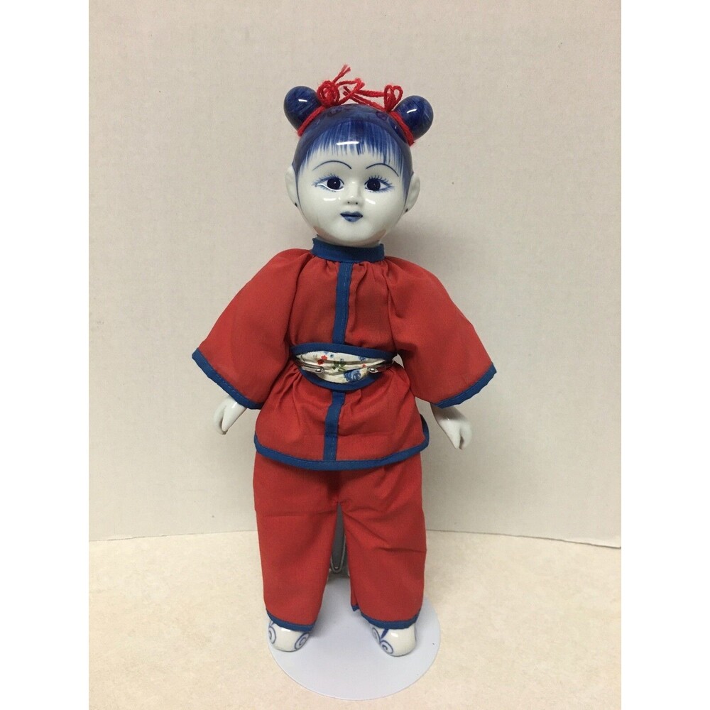 Oriental Porcelain Blue White and Red Decorative Doll 13"Tall